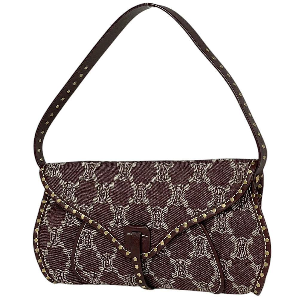 Celine Paris Macadam Shoulder Bag Studded Denim Bordeaux Purple